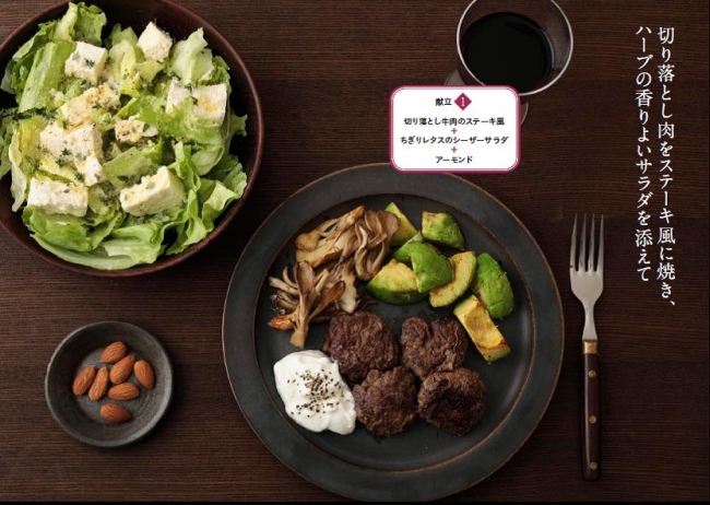 切り落とし牛肉を軽くまとめて焼けば、食べごたえがアップ。香りのいいサラダはお酒にぴったり。