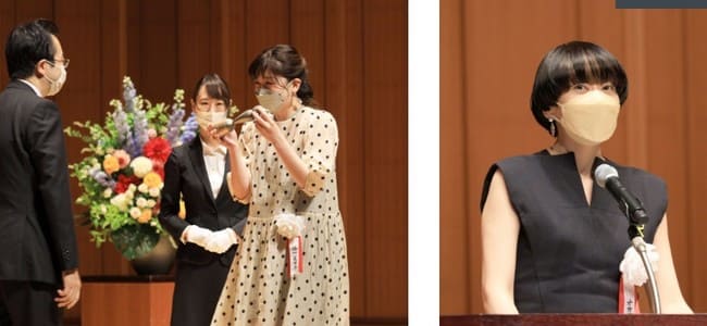 正賞のアトム像を中村史郎社長から受け取る谷口菜津子さん（写真左）と受賞挨拶をするオカヤイヅミさん（写真右）