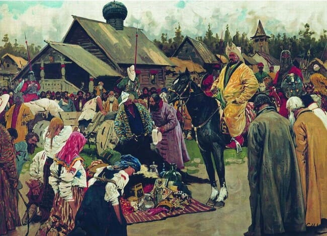 セルゲイ・イワノフ「バスカク」（1902）。バスカクは「タタールのくびき」の象徴ともされたモンゴルの徴税官。ロシアの市場を訪れた様子を描いている。